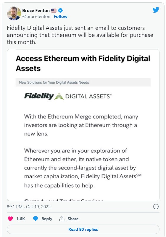 Fidelity ofrecerá custodia y comercio de ETH